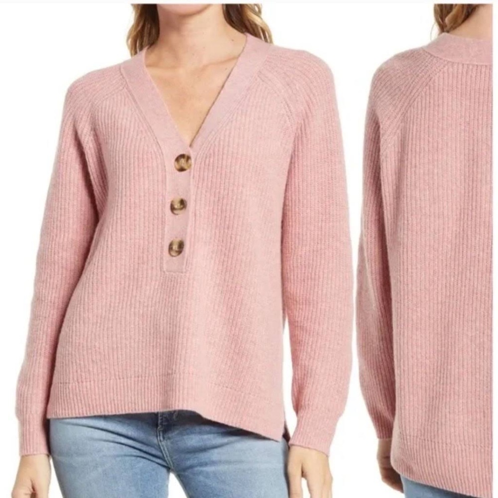 Madewell Pink Lyle Ribbed Henley Sweater